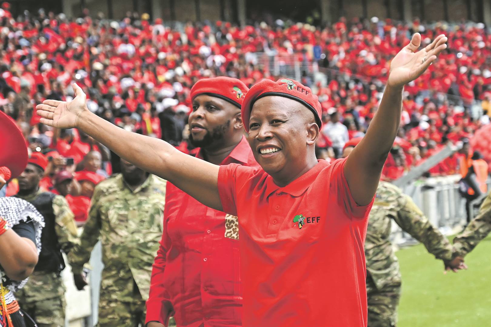 Julius Malema EFF-elnök tegnap a választási kiáltványon a Moses Mabhida Stadionban. 