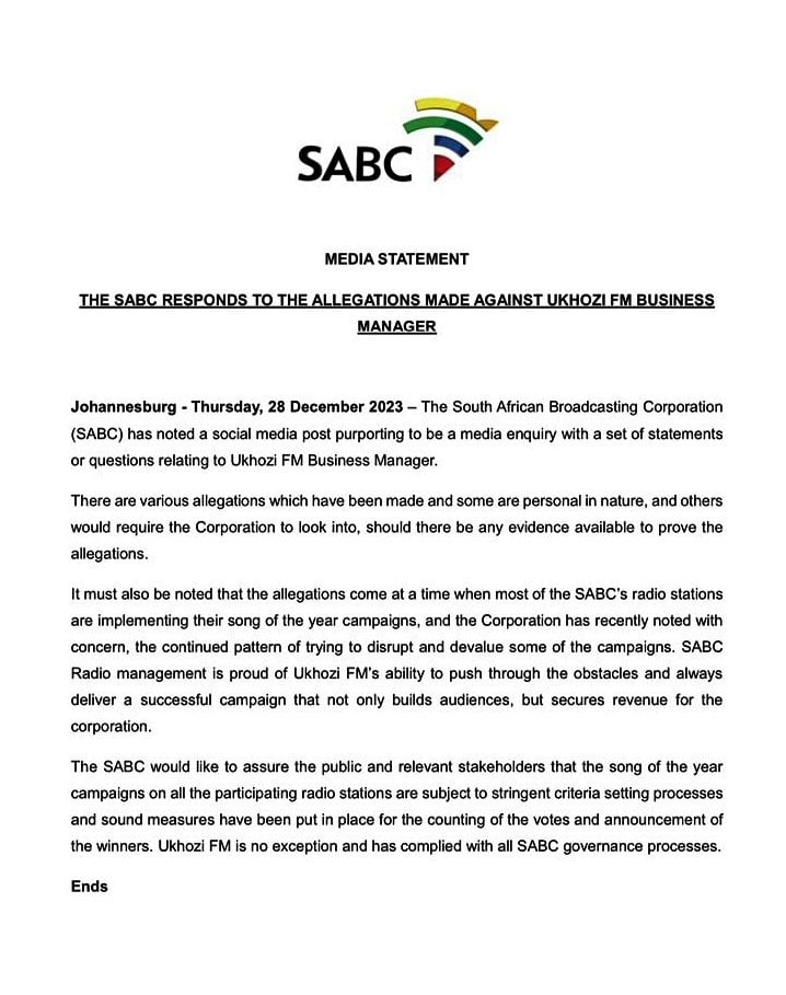 2023. december 28. – A SABC nyilatkozata