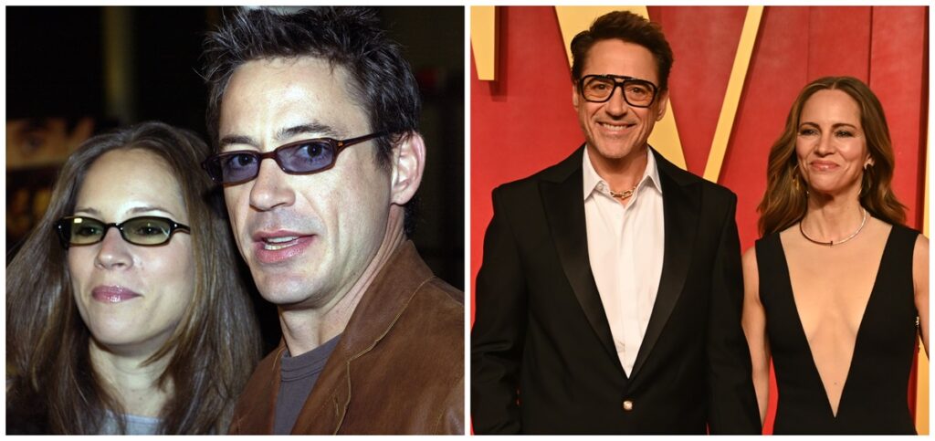 Robert Downey Jr. és Susan Downey két fotón, amelyek 20 év különbséggel készültek.