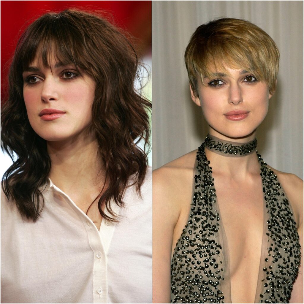 kollázs Keira Knightley színésznőről, ahol az első képen barna hajú, hosszú hajjal, a másodikon pedig szőke, hosszú pixie vágással.