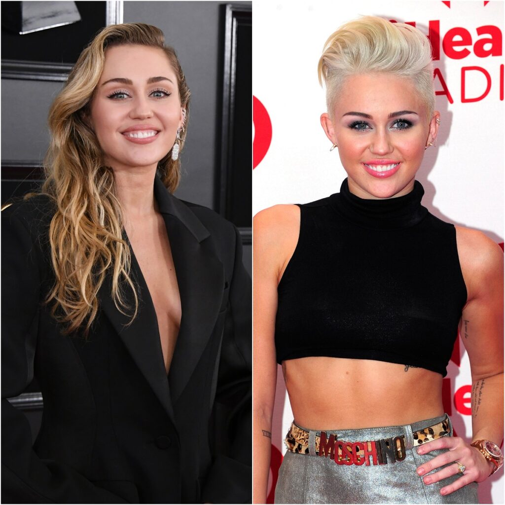 Miley Cyrus énekesnő kollázsa, az első fotón hosszú szőke hajjal, a másodikon pedig hosszú pixie frizurával sportolva.