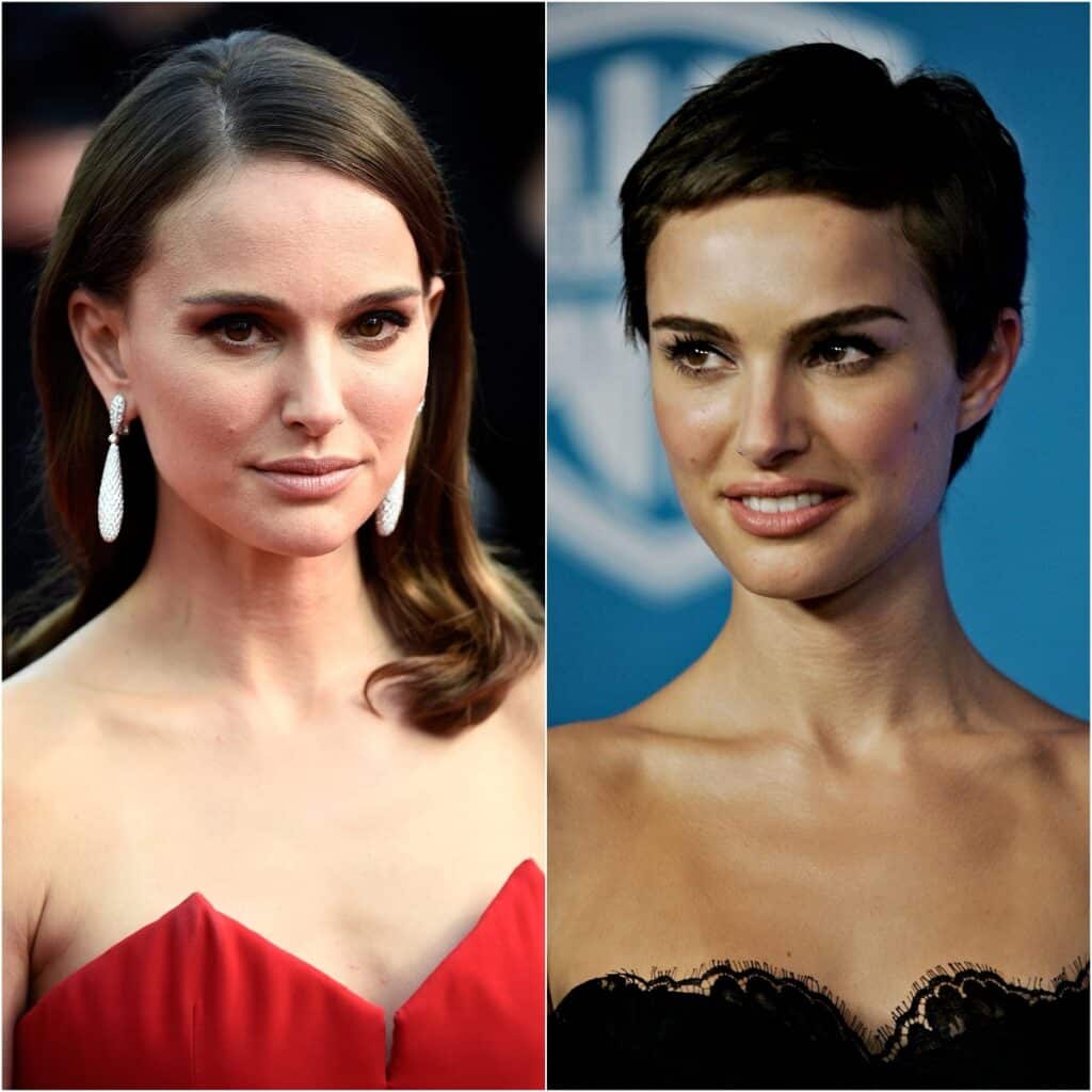 Natalie Portman színésznő kollázsa, az első képen vállig érő hajjal, a másodikon hosszú pixie hajjal.