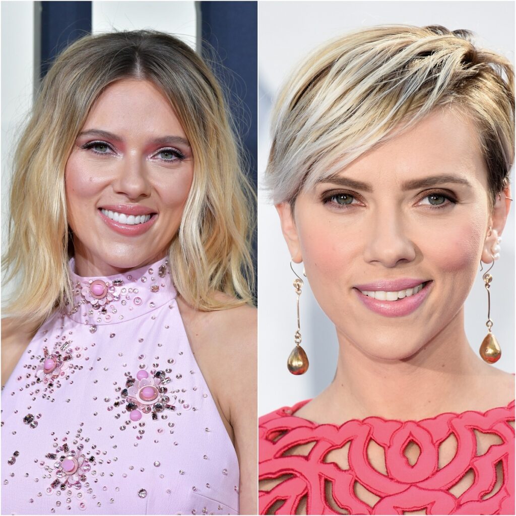 Kollázs Scarlett Johansson színésznőről, aki az egyik képen szőke, hosszú hajjal, a másikon pedig rövid, pixie vágással.